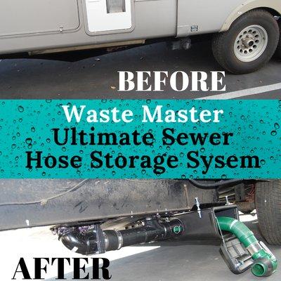 Sewer hose stays connected so you simply open the storage door, pull hose out, dump tank and return it to storage.  Easy peasy!