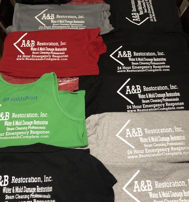 Custom Company Shirts For A&B Restoration inc.
  LettUs Print is locally owned and operated in Austin, TX.