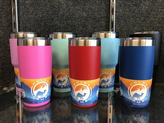 We carry 20oz and 30oz tumblers of a variety of colors. Come get your own personalized tumbler today!