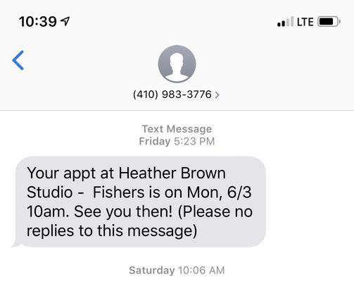 One of two confirmations for a fake appointment- closed on Monday's.