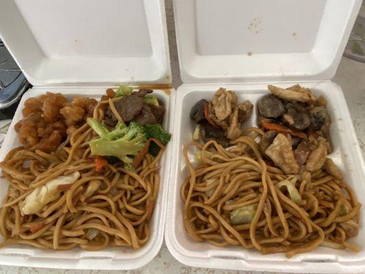 3 item dish, orange chicken, broccoli beef with chow mein and 2 item with mushroom chicken with chow mein