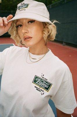 Embroidered tee and bucket hat