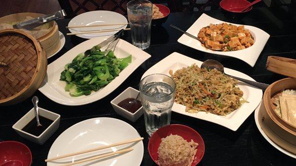 tasty veg options for my husband: shanghai greens (bok choy), spicy tofu, veg moo shu (plus delicious pork soup dumplings for me)