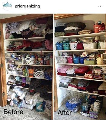 Without buying any new supplies, just sorting like with like, this linen closet can now be used quickly and easily by anyone in the home.