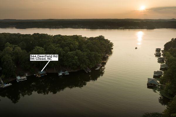 An aerial photo used to market this house that sits right on Lake Tillery, to showcase it's location/surroundings. www.sixcentsmedia.com