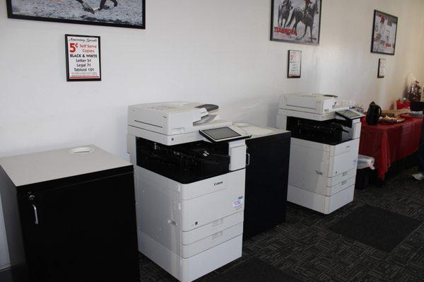 Self service copiers: 4 black and white, 1 color... great speed and quality and rarely a wait even when we are busy!