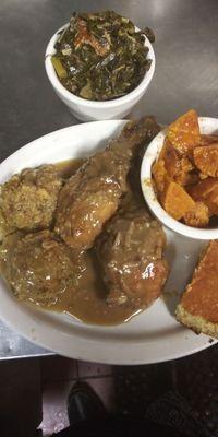 Smothered Chicken with Cornbread Homemade Stuffin Sweet YAMS and Collards with Smoke Turkey Meat