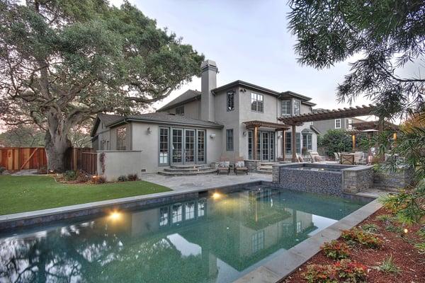 Stunning Menlo Park back yard with pool & spa, outdoor kitchen, dining patio and arbors, and synthetic-turf play lawn.