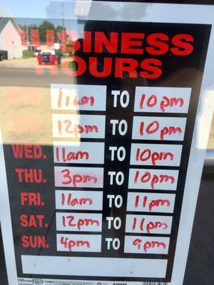 Summer hours May 2018. They now(2019) open each day early for lunch.