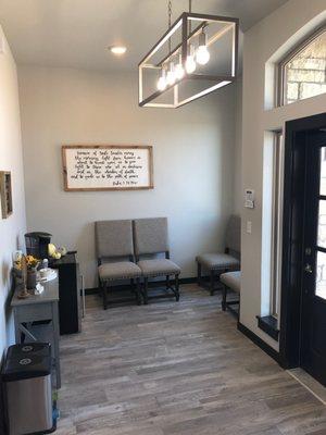 Our waiting room: complete with a coffee bar. A comfortable, private place for our clients to wait for their appointments.