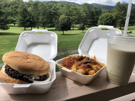 Hamburger, "large" chili cheese fries, banana milkshake.