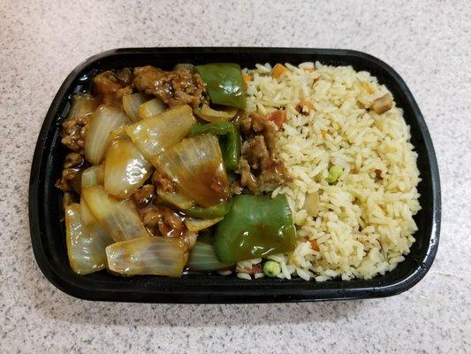 Beef with Peppers and Onions with Pork Fried Rice