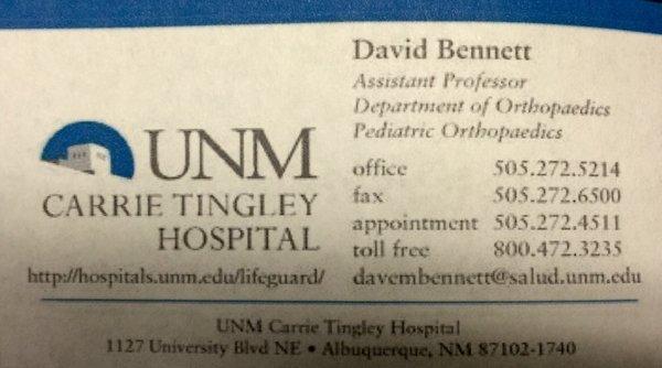 Dr. Bennett's card that he gave us for appointments!