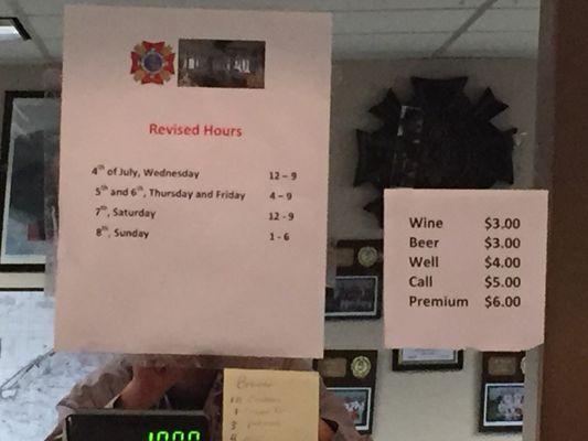 July 4, 3018 and this weekend's hours and beverage prices