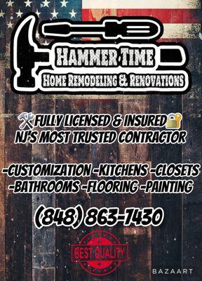 Hammer time specialize in remodeling all the interior of your home, like your kitchen dream, bathroom, new flooring, painting.