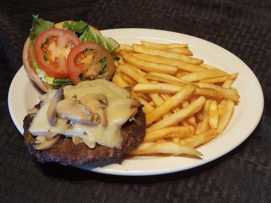 Mushroom Swiss Burger -  Hard to beat the flavorful combination of sliced Mushrooms topped on Melted Swiss Cheese on this hearty Burger!