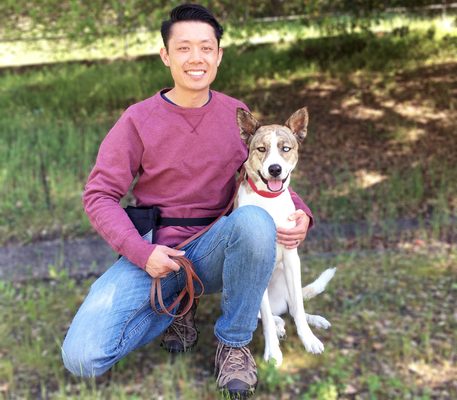 Jonathan Wong, Owner & Trainer of Pack Leader Dog Training with Nakita, a whippet/husky mix from Milo Foundation