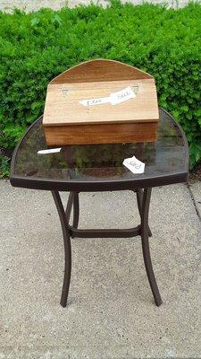 $2 for both!  Beautiful, solid wood hinged box & smoke glass top patio tablle.