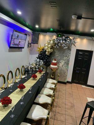 Bar area, birthday decorations