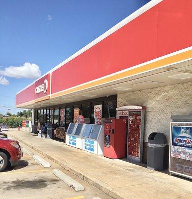 Propane tank exchange, Redbox machine, ice and more outside.