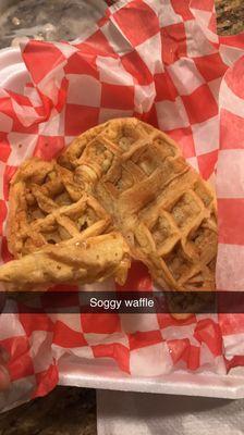 Flat, soggy, nasty waffle. Wet because it was under soggy chicken.