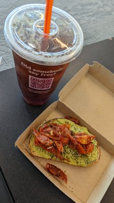 Large original blend iced coffee and avocado & roasted tomato toast