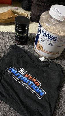 Mass gainer, all in one pre workout, and a shirt that'll more then likely have the sleeves cut off to show off my progress lol