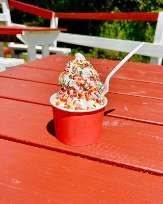 Vermont dairy maple creemee with rainbow sprinkles.