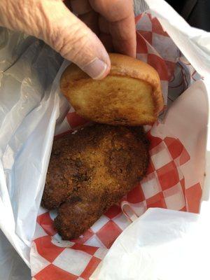 Very crispy deep fried and pretty flavorful Natchez Hot Chicken (mild-moderately hot.)