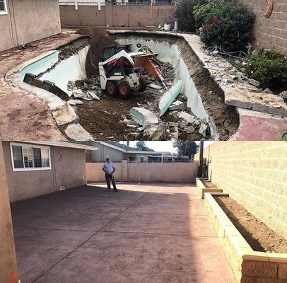 Pool Demolition & Custom Stamped Colored Concrete & Planter Walls.