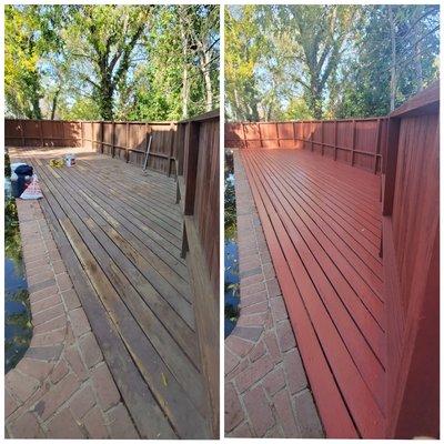 Deck and fence scraped, sanded, primed and painted.