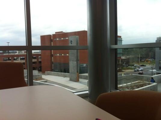 Sitting inside the new building.