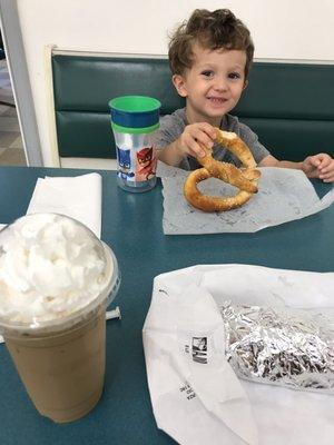 Pretzel wrap, iced coffee and pretzel