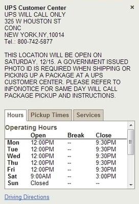 This info is from the UPS website: even though UPS customer service claims that this center is open on Saturdays, that is a lie.