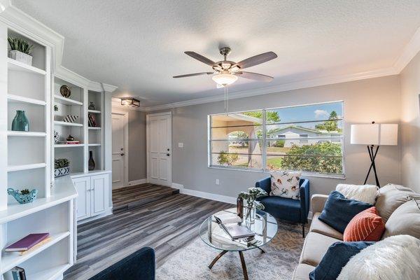 Gorgeous living room with built-ins galore!