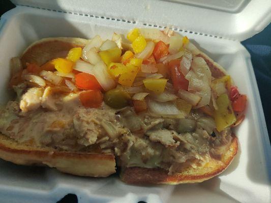 Chicken cheesesteak. Super yummy, but you might need a fork!