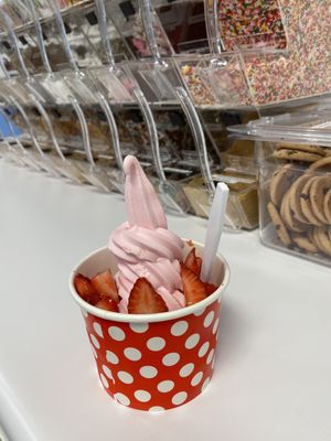 Sugar free strawberry Froyo with fresh cut strawberries topping!