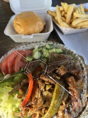 Lamb platter, hamburger & fries