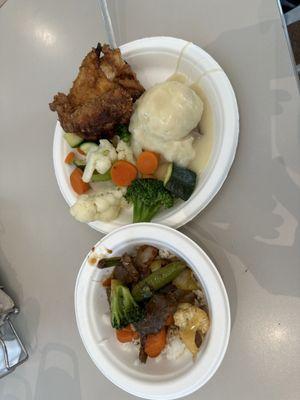 Beef teriyaki and buttermilk chicken, vegetable medley, and mashed potatoes with chicken gravy.