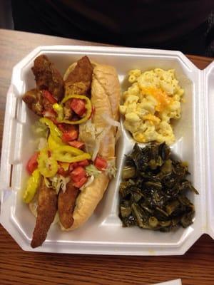 Fish sub with peppers and tomatoes. Mac and cheese with greens