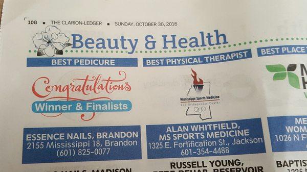 Thank you to all of our gracious customer who voted for us. Winner of best pedicure salon of 2016 in the Clarion Ledger.