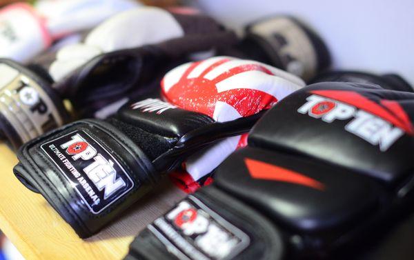 Selection of Top Ten MMA gloves with themed printing. Made in Germany.