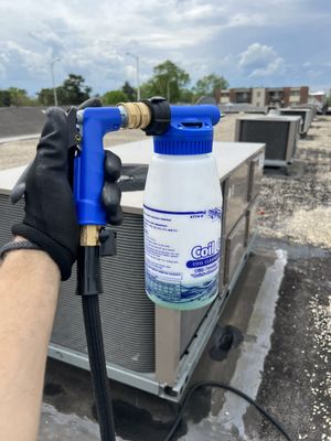 HVAC rooftop coil cleaning with micro channel cleaner