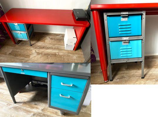 Red Desk, Basket locker, and teal powder coated drawers.