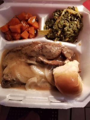 Chops and greens, yams