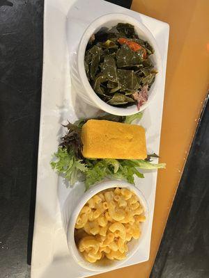 Greens, Mac and cheese, sweet corn bread