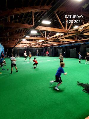 Some customers playing dodgeball at a birthday party hosted by Batter's Alley.