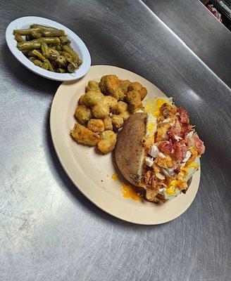 Loaded Potato W/ homemade Okra and Green Beans.