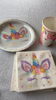 Unicorn dessert plate, drink napkins and paper cups