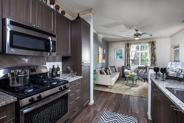 Upscale finishes & modern clean steel appliances. Choice of maple or dark walnut cabinetry at The Verdant Apartments in San Jose, CA